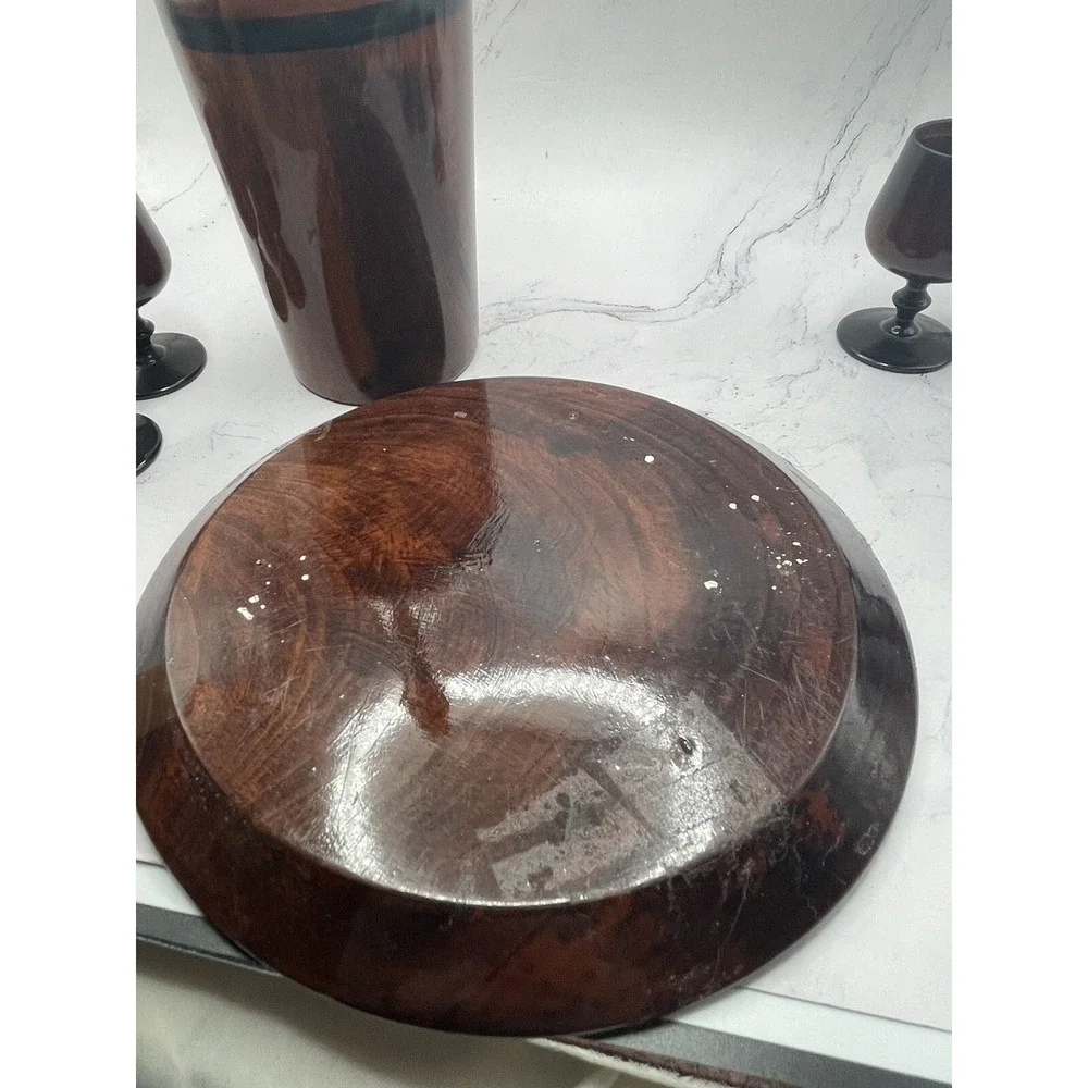 Vtg Wood Turned Saki Decanter‎ Set With 6 Goblet Shot Cups Tray Home Decor MCM